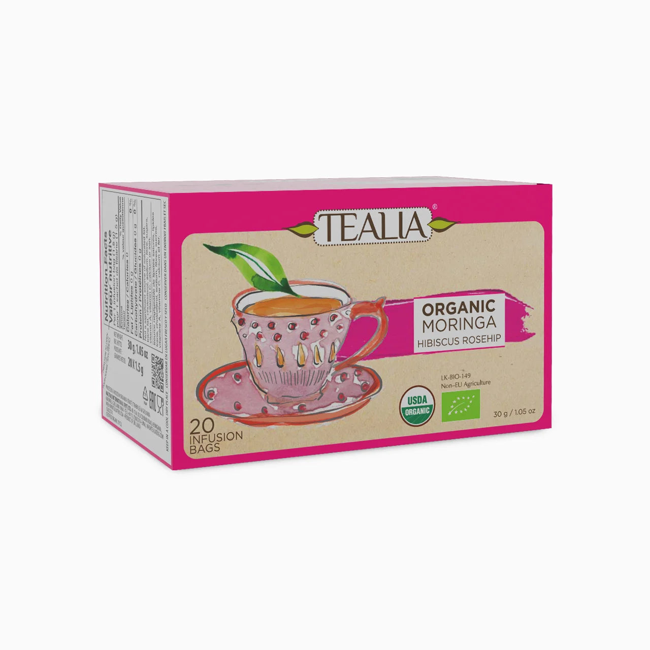 Organic Moringa Hibiscus Rosehips (20 Envelope Tea Bags)