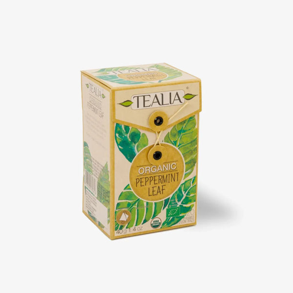 Box of organic peppermint leaf tea with green leaf design and eco-friendly packaging