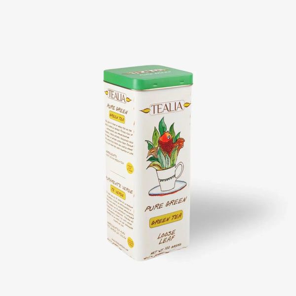 Pure green tea loose leaf tin with green lid, botanical illustration on white background