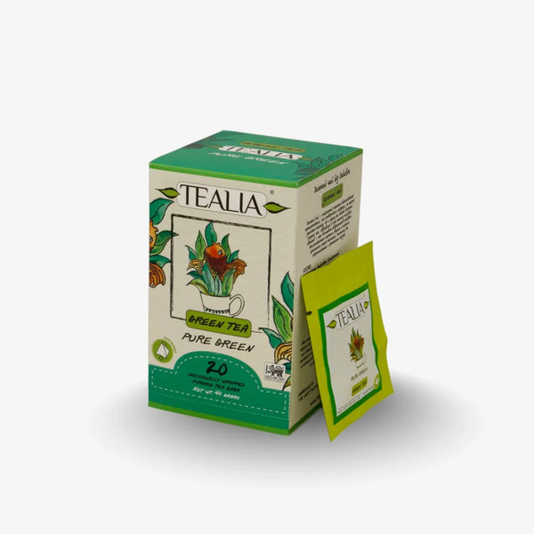 Tealia pure green tea box with illustrated teacup and a single wrapped green tea bag